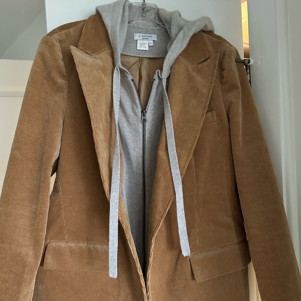 Stylish Tan Corduroy Blazer with Gray Hoodie